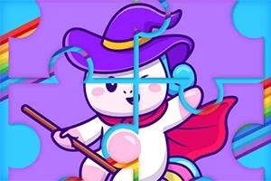 Barevná ilustrace rozložené skládanky zobrazující kreslenou postavu s fialovým kloboukem, pláštěm a duhovým pozadím