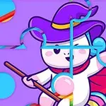Barevná ilustrace rozložené skládanky zobrazující kreslenou postavu s fialovým kloboukem, pláštěm a duhovým pozadím