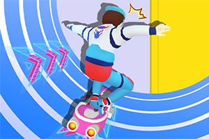 Osoba v barevném sportovním oblečení jezdí na růžovém skateboardu podél modro-žluté stěny s modrými a bílými kruhovými pruhy