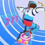 Osoba v barevném sportovním oblečení jezdí na růžovém skateboardu podél modro-žluté stěny s modrými a bílými kruhovými pruhy