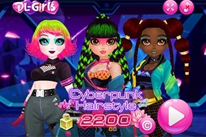 Tři stylizované postavy s barevnými vlasy v neonově osvětleném prostředí s nápisem Cyberpunk Hairstyle a velkým tlačítkem pro spuštění