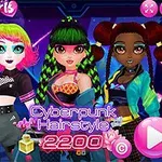 Tři stylizované postavy s barevnými vlasy v neonově osvětleném prostředí s nápisem Cyberpunk Hairstyle a velkým tlačítkem pro spuštění