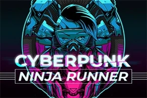 Kyberpunkový stylizovaný obrázek s ilustrací postavy s maskou a modrým čírem na hlavě, doplněný nápisem CYBERPUNK NINJA RUNNER