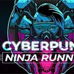 Kyberpunkový stylizovaný obrázek s ilustrací postavy s maskou a modrým čírem na hlavě, doplněný nápisem CYBERPUNK NINJA RUNNER