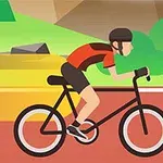 Dva cyklisté v helmách jedou po červené cestě v kreslené krajině