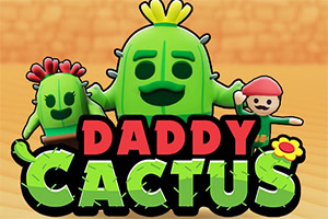 Tři kreslené kaktusy s obličeji stojí na písečné půdě s nápisem Daddy Cactus vpředu