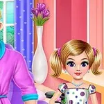 Muž a dívka s blonďatými vlasy v barevném pokoji s vázou květin v pozadí