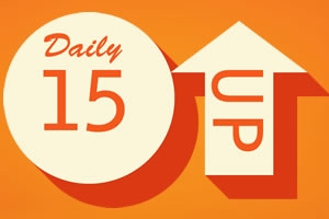 Oranžové pozadí s velkým krémovým kruhem obsahujícím číslo 15 a nápis „Daily“, vedle je šipka směřující nahoru s textem „UP“