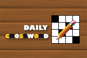 Dřevěné pozadí, nápis Daily Crossword a křížovka s tužkou na pravé straně