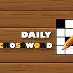 Dřevěné pozadí, nápis Daily Crossword a křížovka s tužkou na pravé straně