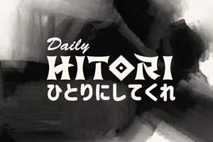Černobílý abstraktní design s textem Daily Hitori v angličtině a japonštině