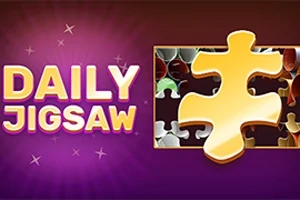 Text DAILY JIGSAW vedle velkého zlatého dílku puzzle na fialovém pozadí