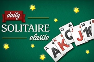Název Daily Solitaire Classic na zeleném pozadí s hvězdami a kartami A, K, Q, J a 10 zobrazenými v řadě