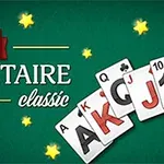 Název Daily Solitaire Classic na zeleném pozadí s hvězdami a kartami A, K, Q, J a 10 zobrazenými v řadě