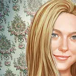 Žena s dlouhými blond vlasy a modrýma očima s dekorativní tapetou na pozadí