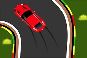 Červené auto driftuje v zatáčce na závodní dráze s barevnými okraji