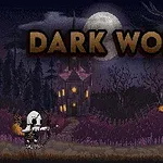 V gotickém prostředí zahaleném tmou stojí postavy s lukem a mečem před temným hradem pod úplňkem, s nápisem Dark World nahoře