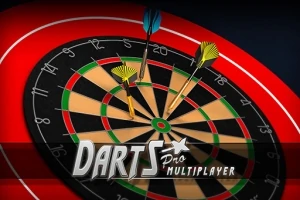 Šipky zapíchnuté na terči s nápisem Darts Pro Multiplayer