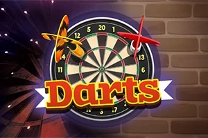 Terč na šipky s nápisem Darts a dvěma šipkami, jednou žlutou a druhou červenou, na pozadí cihlové zdi