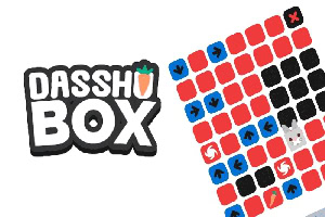 Název Dassho Box vedle herní desky s barevnými čtverci a šipkami