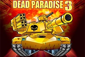 Žlutý bojový tank s raketomety a lebkou na přední části stojí na pozadí výbuchu s textem Dead Paradise 3 nahoře