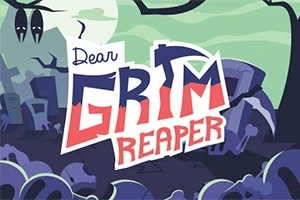 Barevná ilustrace hřbitova s nápisem Dear Grim Reaper ve stylizovaném textu, obklopeném mnoha náhrobky a stromy