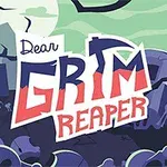Barevná ilustrace hřbitova s nápisem Dear Grim Reaper ve stylizovaném textu, obklopeném mnoha náhrobky a stromy