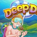 Pestrobarevný kreslený potápěč pod vodou s dýchacím přístrojem a nápisem Deep Dive nad hlavou