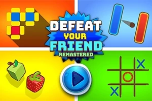 Barevný mozaikový design s ikonami her, tlačítkem přehrávání a nápisem Defeat Your Friend Remastered