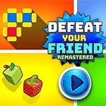 Barevný mozaikový design s ikonami her, tlačítkem přehrávání a nápisem Defeat Your Friend Remastered