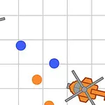 Dva kreslení vrtulníky, modrý a oranžový, na čtverečkované mřížce s modrými a oranžovými kruhy