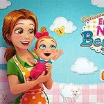 Žena s hnědými vlasy drží usměvavé miminko na pozadí s modrou texturou a obláčky, oblečená ve výrazně barevné zástěře, vedle tlačítka Play