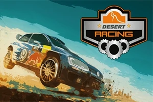 Auto se sponzorskými logy skáče na pouštní cestě vedle loga Desert Racing