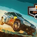Auto se sponzorskými logy skáče na pouštní cestě vedle loga Desert Racing