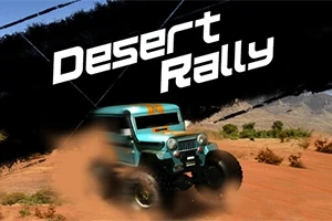 Terénní vozidlo projíždí pouštní krajinou s nápisem Desert Rally v pozadí