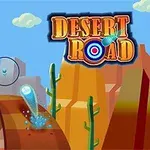 Kreslená krajina pouště s modrou oblohou, kaktusy, kopcovitou silnicí a nápisem Desert Road