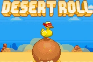 Žlutá kachna s červenou páskou přes oči se pohybuje na hnědé kouli v písečné pouštní krajině pod modrou oblohou s nápisem DESERT ROLL nahoře