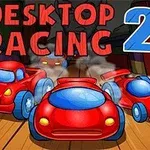 Červená závodní auta s modrými okny na dřevěném povrchu s nápisem Desktop Racing 2