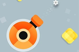 Oranžové dělo vystřelující stříbrnou hvězdu na šedém pozadí s žlutými a šedými čtverci