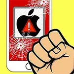 Pěst se rýsuje proti rozbitému displeji mobilního telefonu s varovným symbolem uvnitř loga jablka