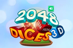 Barevný nápis 2048 Dices 3D před kostkami na modrém pozadí