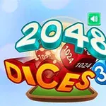 Barevný nápis 2048 Dices 3D před kostkami na modrém pozadí