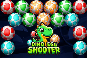 Barevná vejce s dinosauřími motivy a kreslený dinosaurus uprostřed s nápisem Dino Egg Shooter
