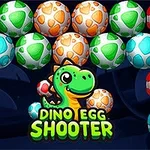 Barevná vejce s dinosauřími motivy a kreslený dinosaurus uprostřed s nápisem Dino Egg Shooter