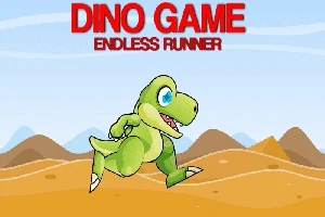 Zelený dinosaurus běží přes pouštní krajinu s horami v pozadí, nad ním nápis Dino Game Endless Runner