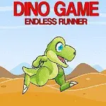 Zelený dinosaurus běží přes pouštní krajinu s horami v pozadí, nad ním nápis Dino Game Endless Runner