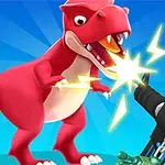 Červený dinosaurus vrčí na futuristickou zbraň se záblesky světla na modrém pozadí