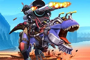 Fialový robotický dinosaurus s kanónem na zádech chrlí oheň na pouštní krajině