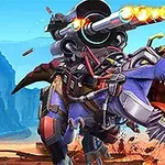 Fialový robotický dinosaurus s kanónem na zádech chrlí oheň na pouštní krajině