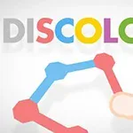 Barevná písmena slova DISCOLORS nad grafickým tvarem s prstem ukazujícím na spojení barevných šestiúhelníků
